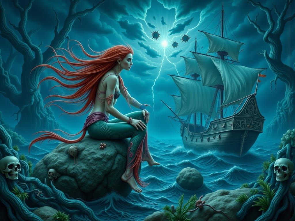 Siren Luring Pirates with Music, in Fantasy Art Style