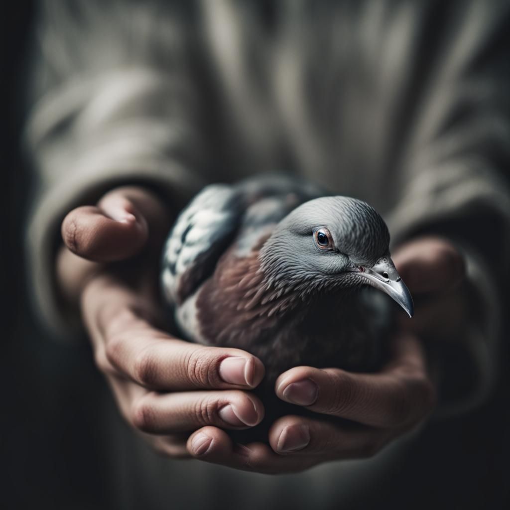 Hand Gently Holding Pigeon Portrait