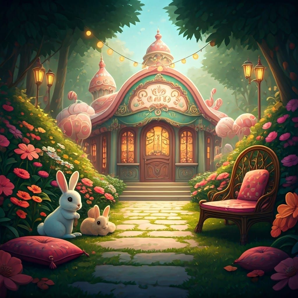 Whimsical Garden Oasis with Fluffy Bunnies