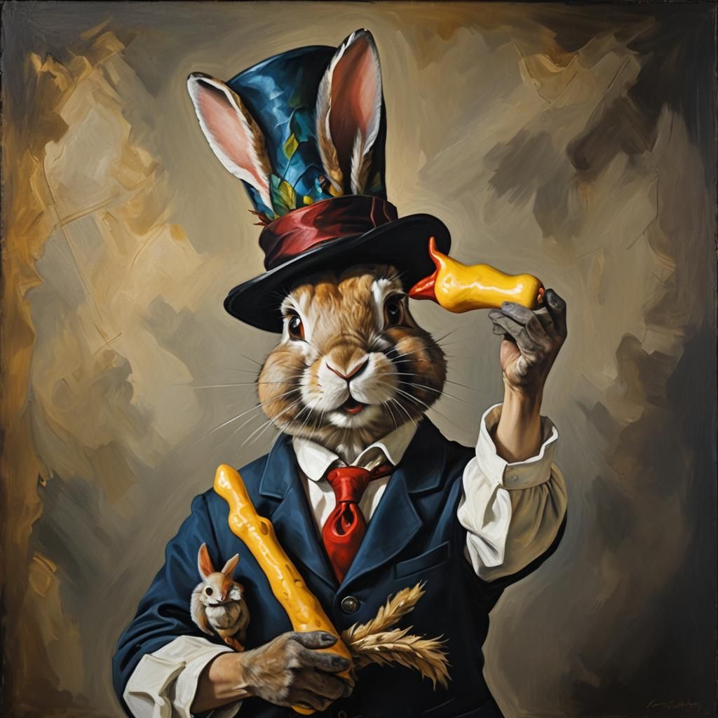 Baroque Surrealist Rabbi Rabbit with Rubber Chicken