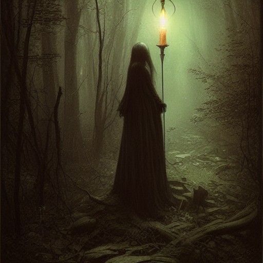 Elegant Witch in Twilight Forest, Gothic Art