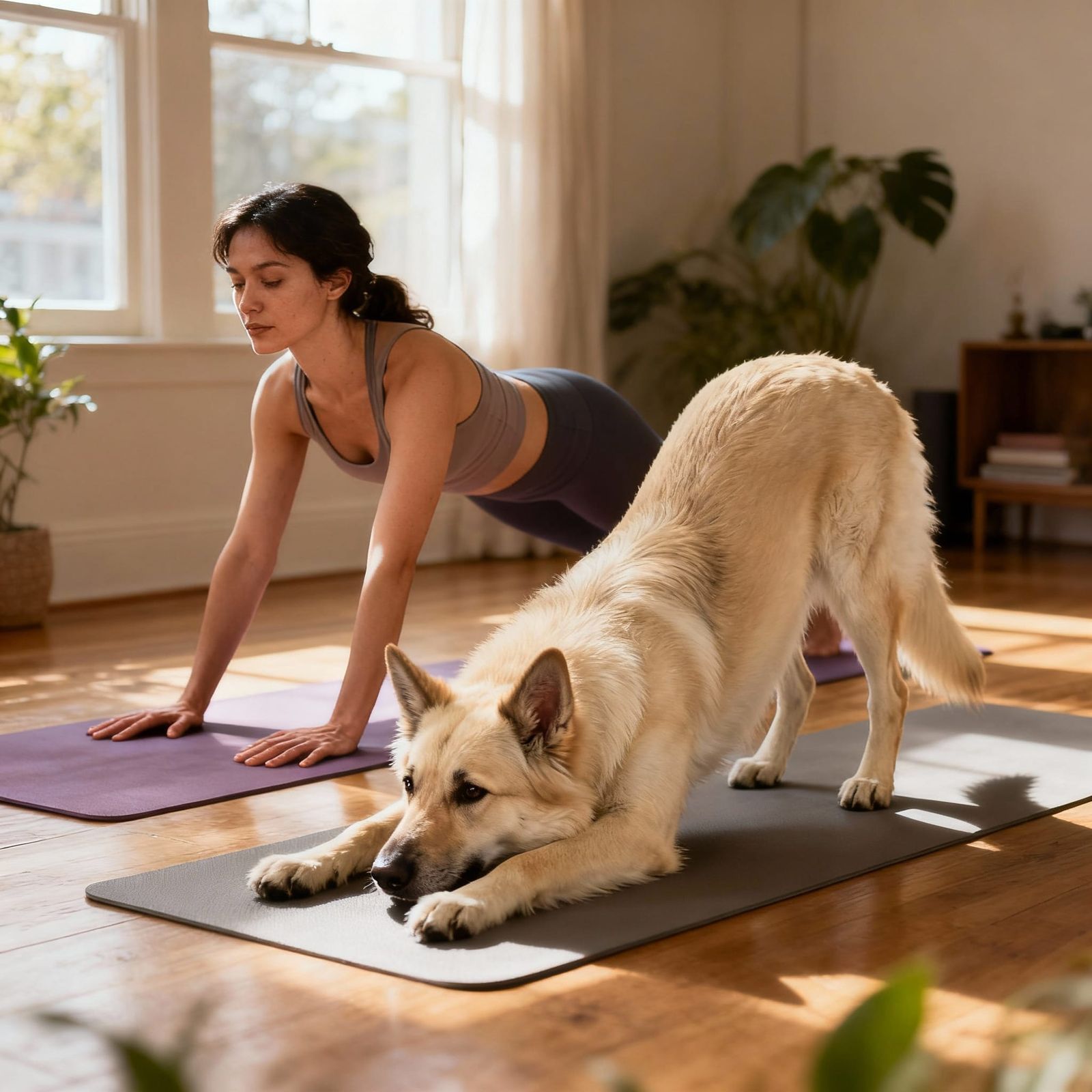 Woman and Dog Perform Downward Dog Yoga Pose