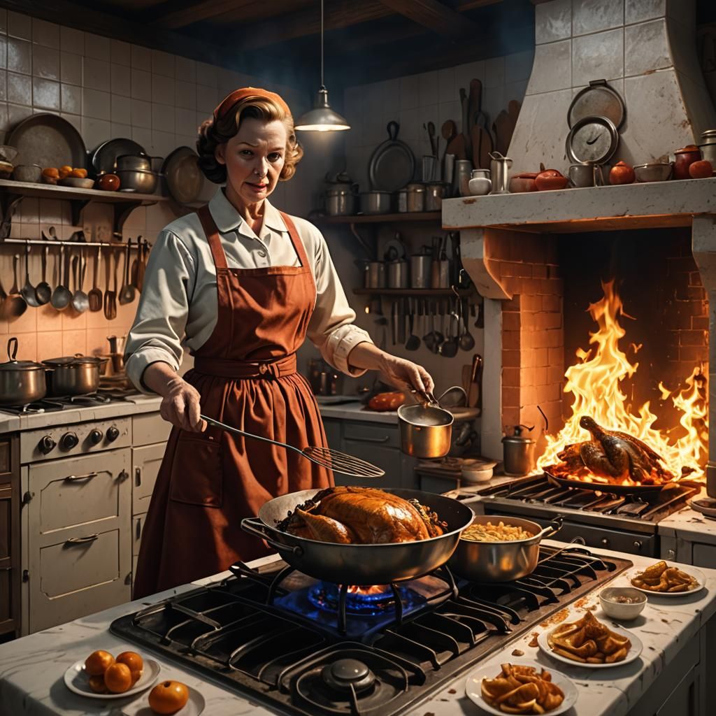 Fiery 1950s Kitchen and Housewife in Flames
