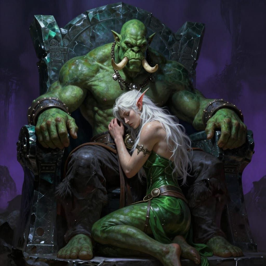 Orc Warlord Cuddles Elf on Obsidian Throne