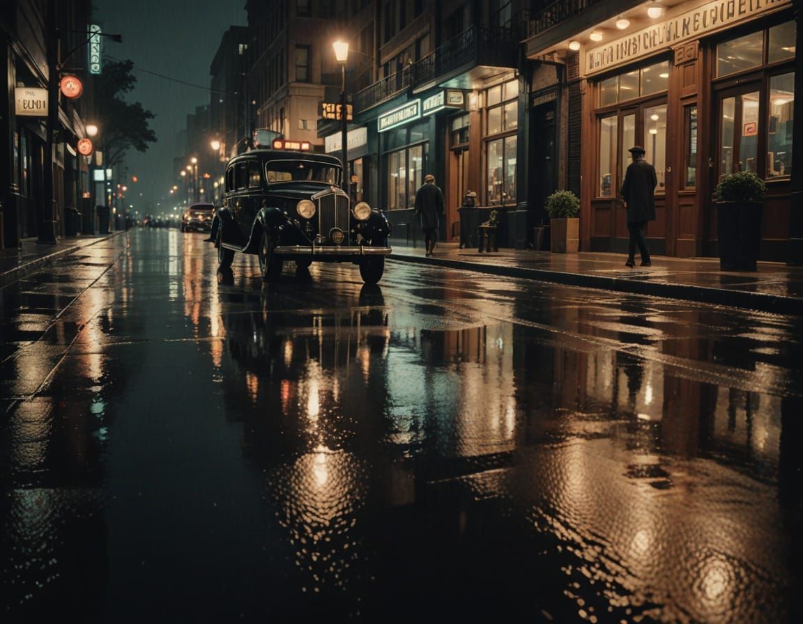 Rainy City Streets in Moody Vintage Film Style