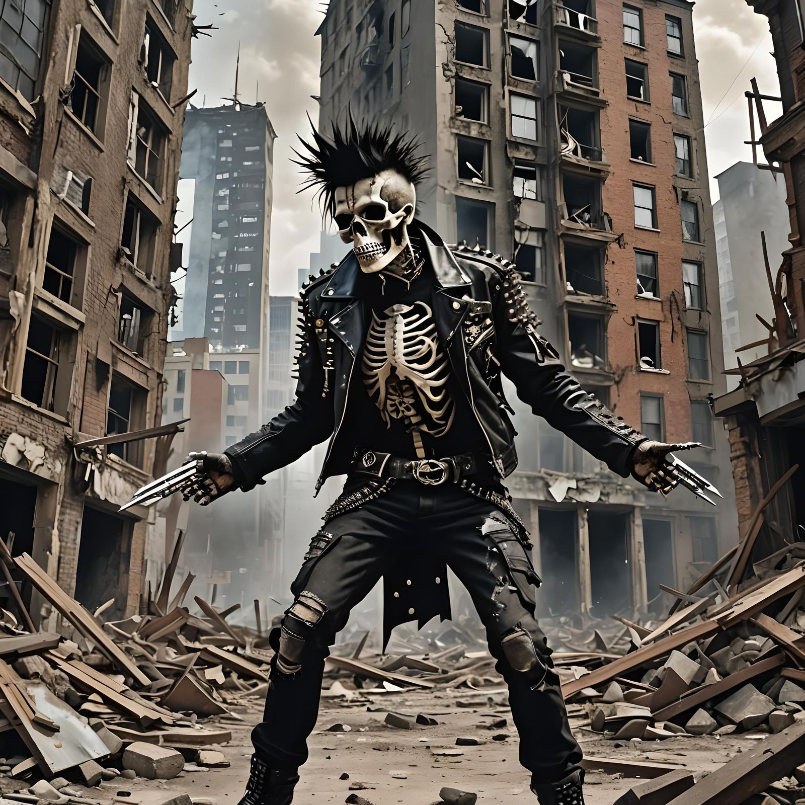 Punk Rock Skeleton in Post-Apocalyptic Cityscape