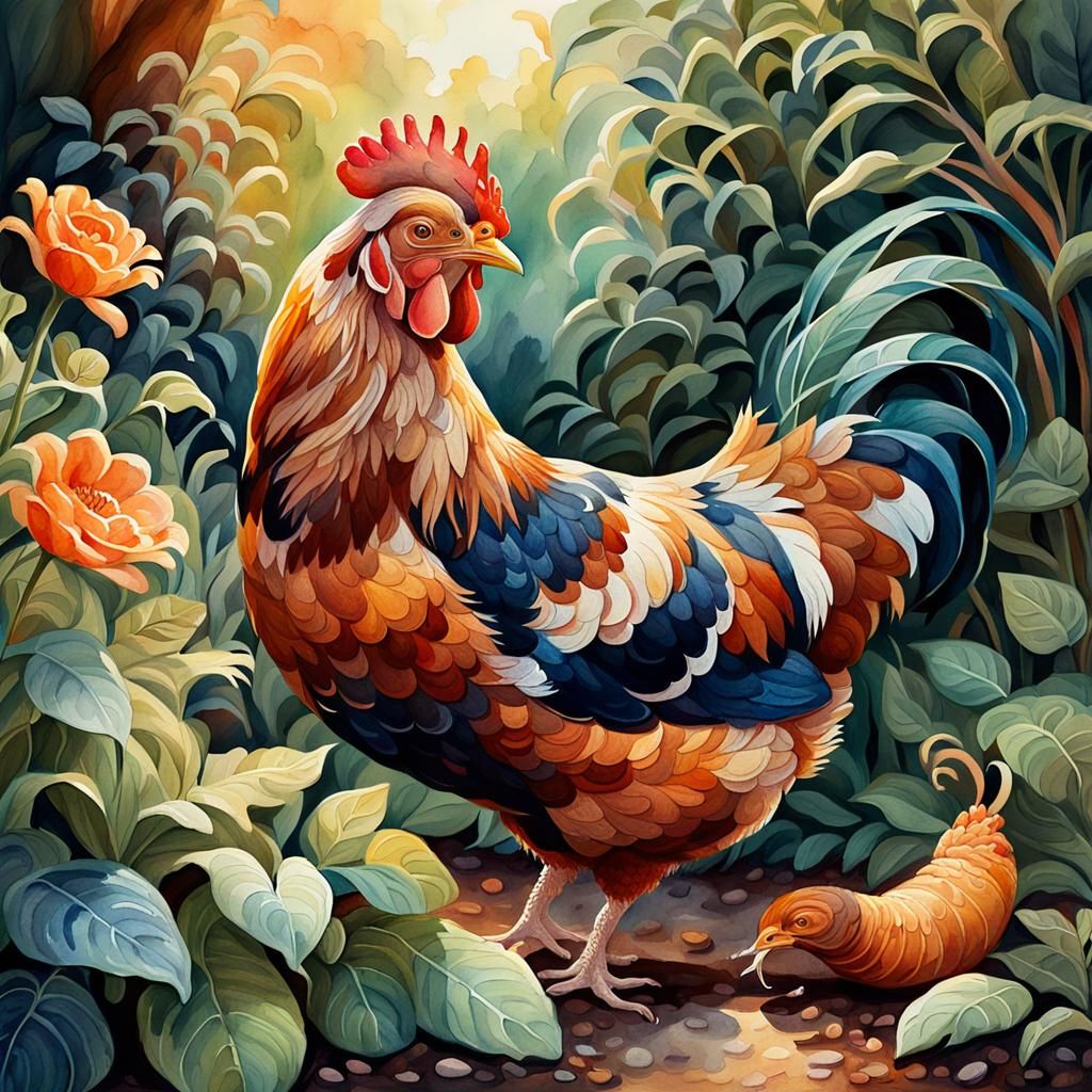 Hen with Earthworm: Whimsical Oil and Watercolor