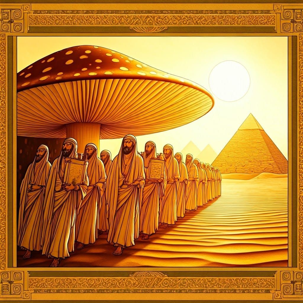 Figures Emerging from a Giant Mushroom in a Desert Sunrise S...