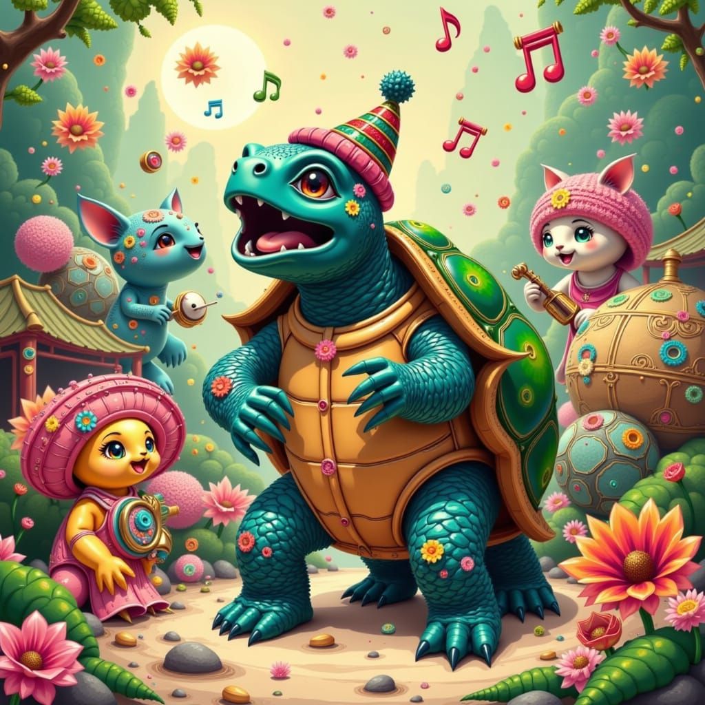 Musical Turtle Concert in Asian Art Style