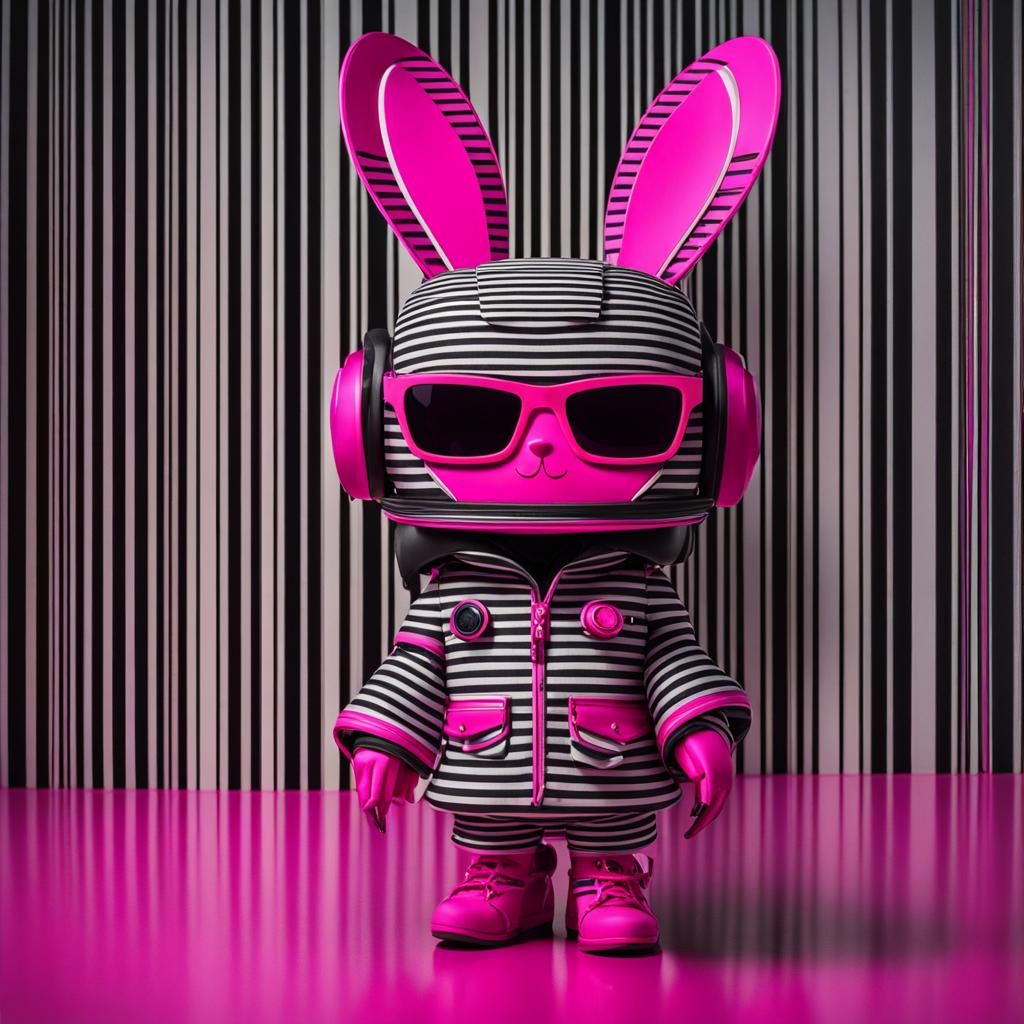 Neon Chibi Cyberbunny bot in front of a vertical striped black and white wall, wearing pink jacket, hot pink neon  sun g...