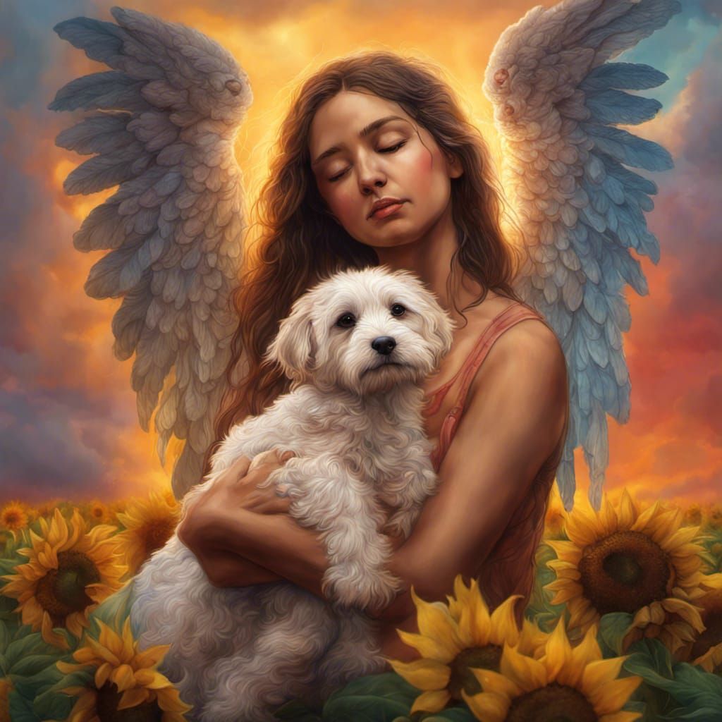Angel and Puppy in a Colorful Rainbow Sunset