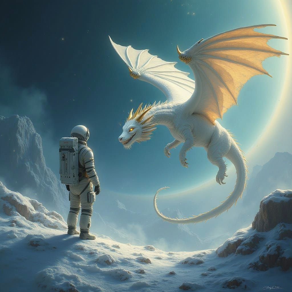 Astronaut Encounters Majestic White Dragon Amidst Saturn's R...