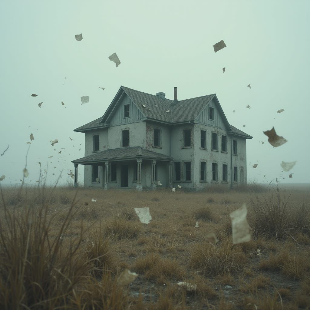 Eerie Abandoned Building in Windy Field with Floating Debris