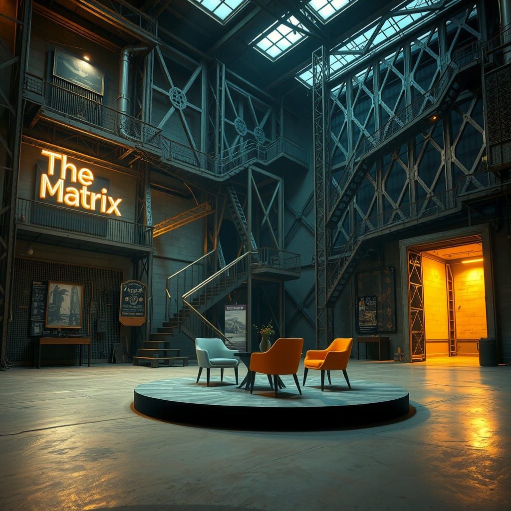 Industrial Hall with Latticed Metal Framework and Neon Sign