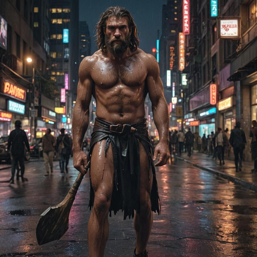 Caveman in Cyberpunk Cityscape: Surreal Sci-Fi Art