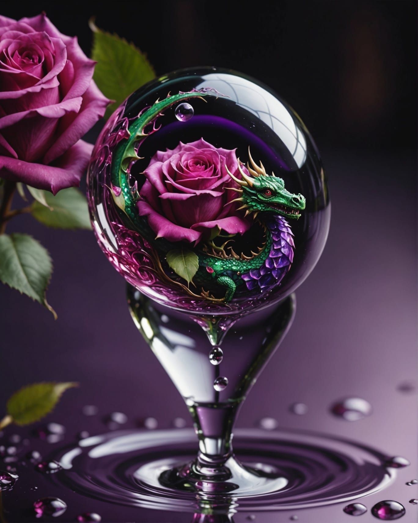 Dragon Reflection in Water Drop: Hyperrealistic Mixed Media