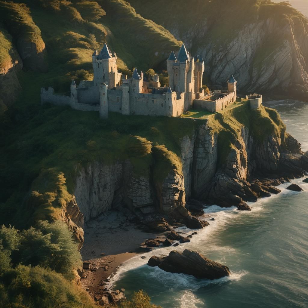 Majestic Castle on Cliffside at Sunset