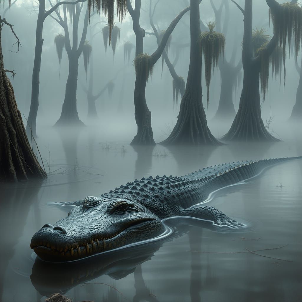 Surreal Alligator in Misty Wetlands