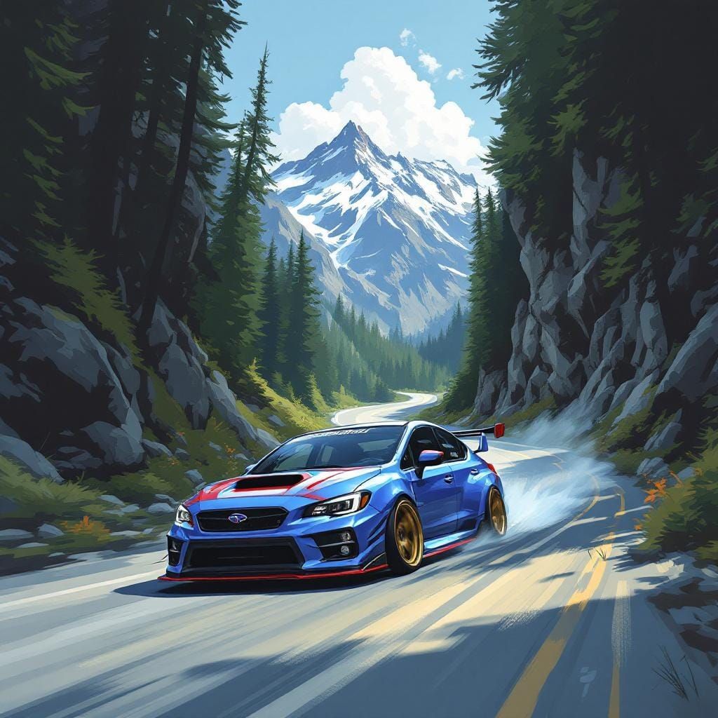 Subaru WRX STI Races Mountain Road: Stylized Illustration