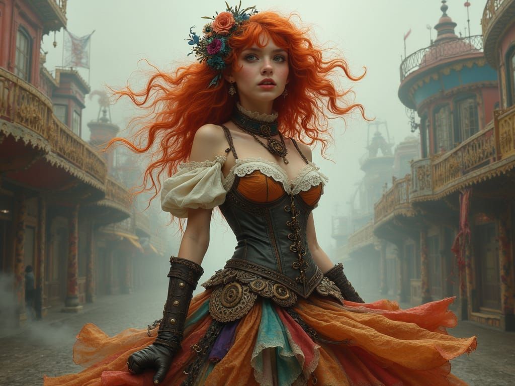 Steampunk Redhead in Fog-Shrouded Carnival