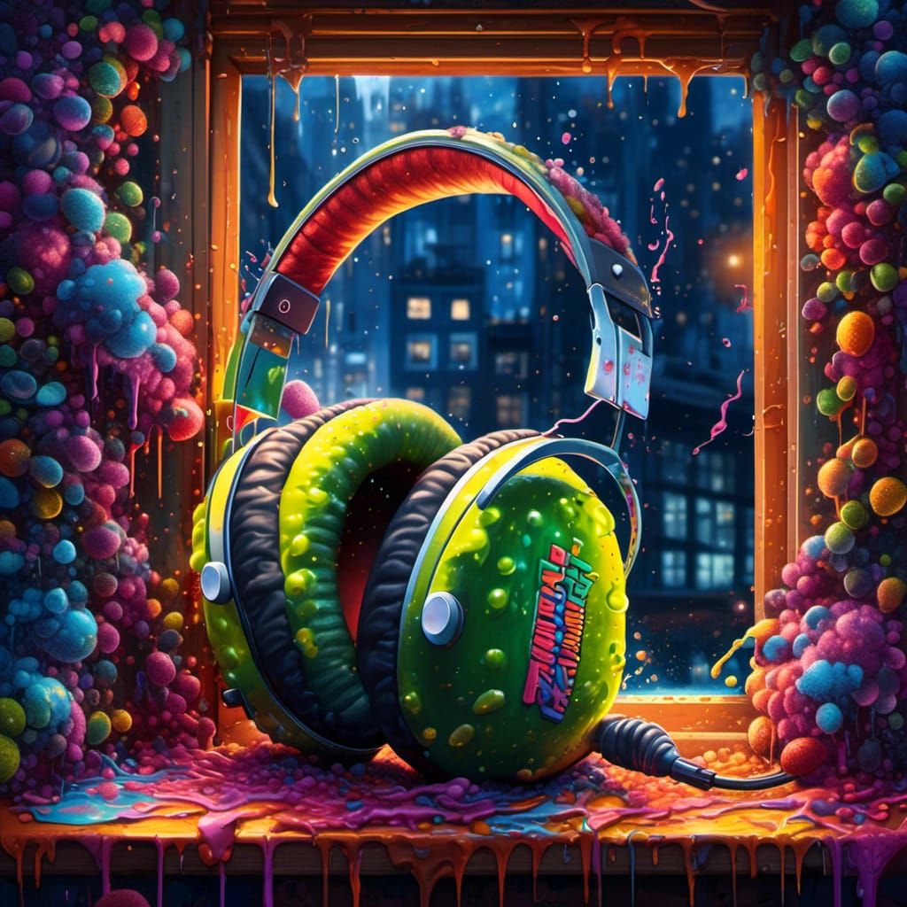 Cozy Pickle with Headphones at Night, Graffiti Art