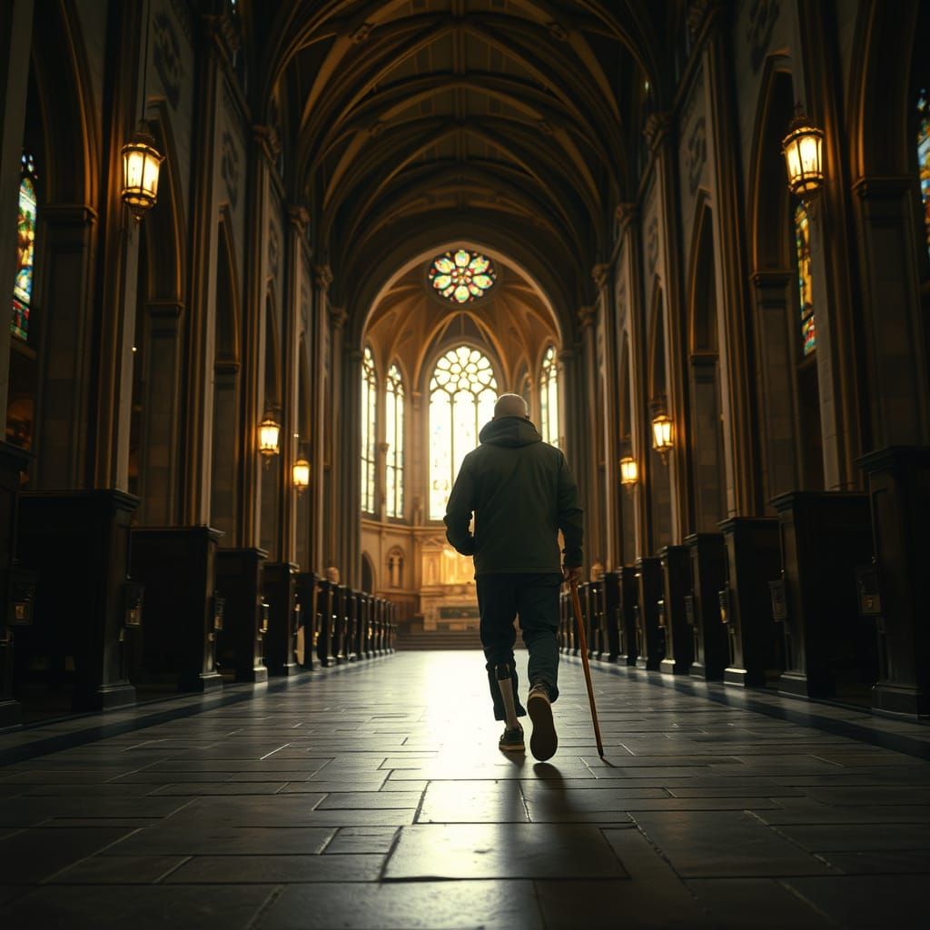 Man with Prosthetic Leg Walks towards Golden Altar