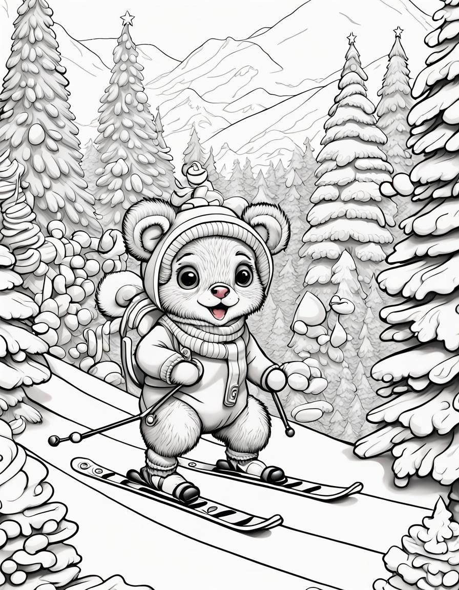 Christmas Skiing Animals Coloring Page in Cartoon Style