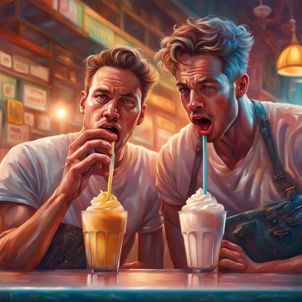 Hyperrealistic Men Enjoying Milkshakes in Splash Art Style