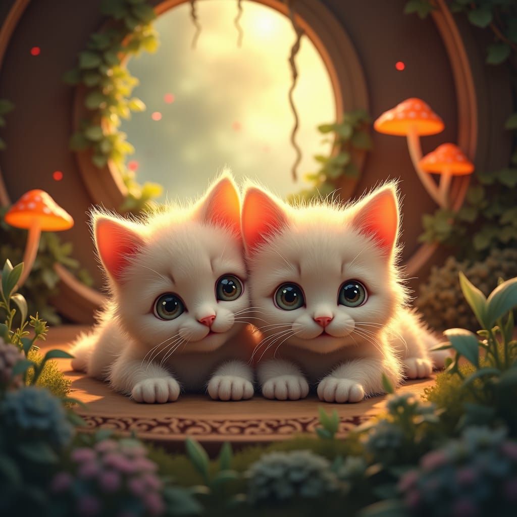 Twin Cats in Mystical Home, Whimsical Art