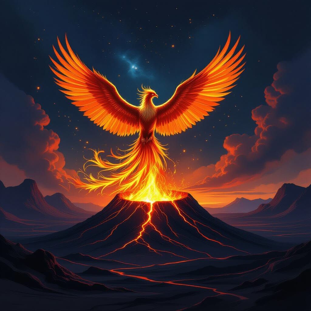 Phoenix Rises from Volcano in Fantasy Art Style