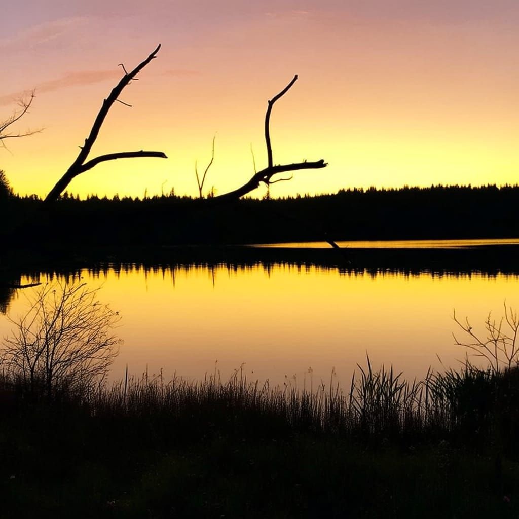 Tranquil Lakeside Reflection at Dusk in Impressionistic Styl...