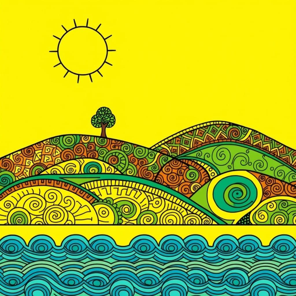 Whimsical Zentangle Landscape with Radiant Sun and Geometric...