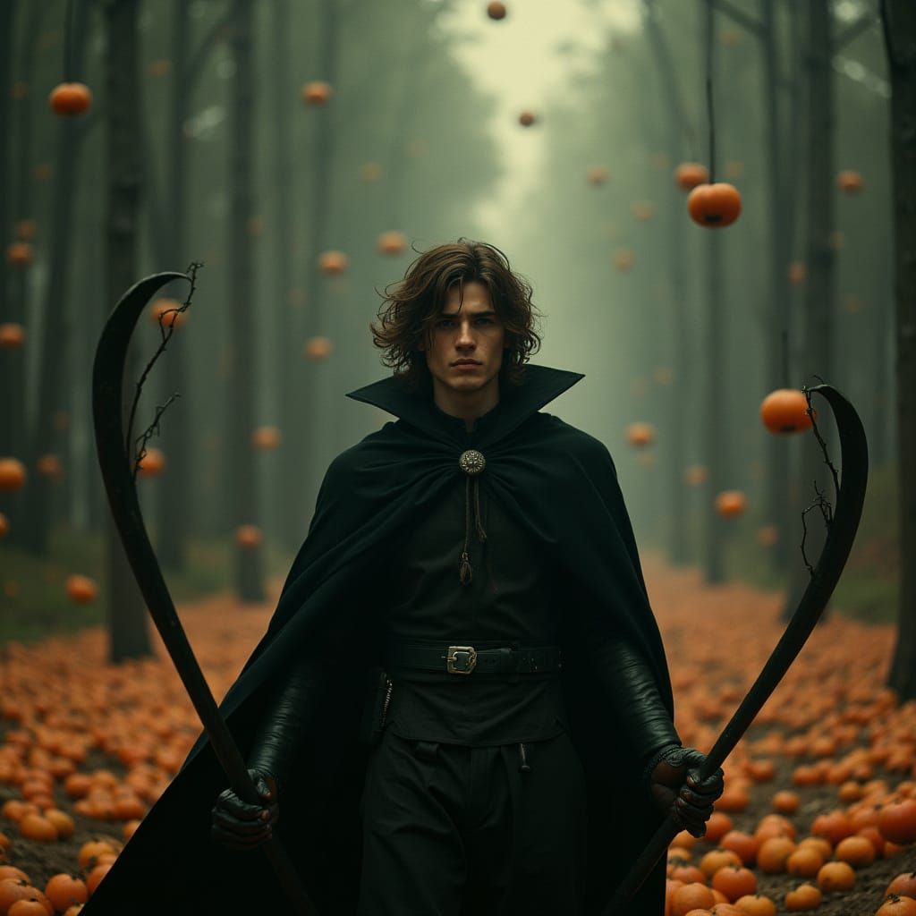 Handsome Man in Black Cloak with Scythes