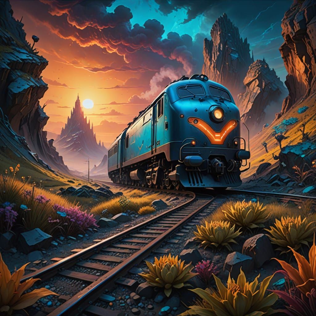Anthropomorphized sentient train crosses a vast alien terrai...