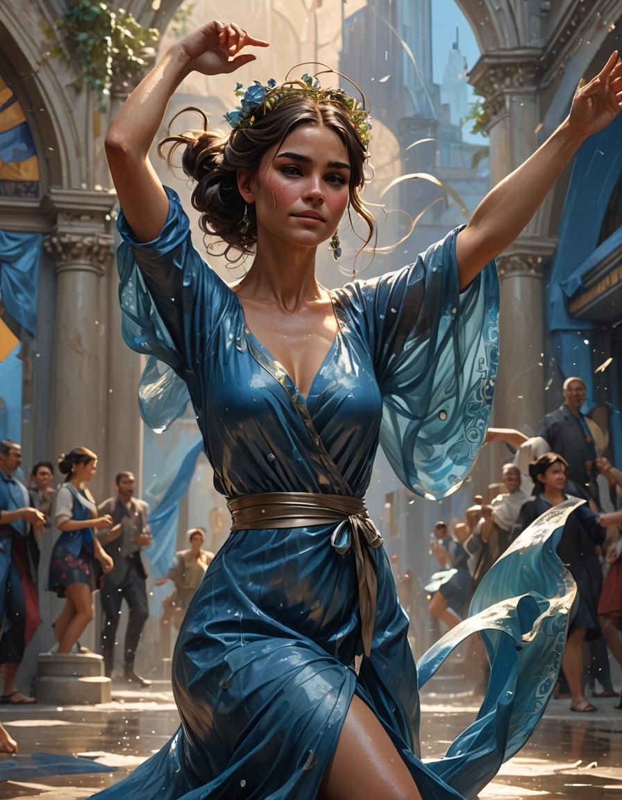 Brunette Woman Dancing in Wet Blue Dress