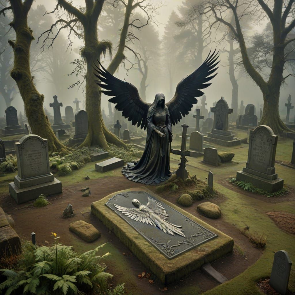 Angel of Death Overlooks Knight in Gothic Landscape