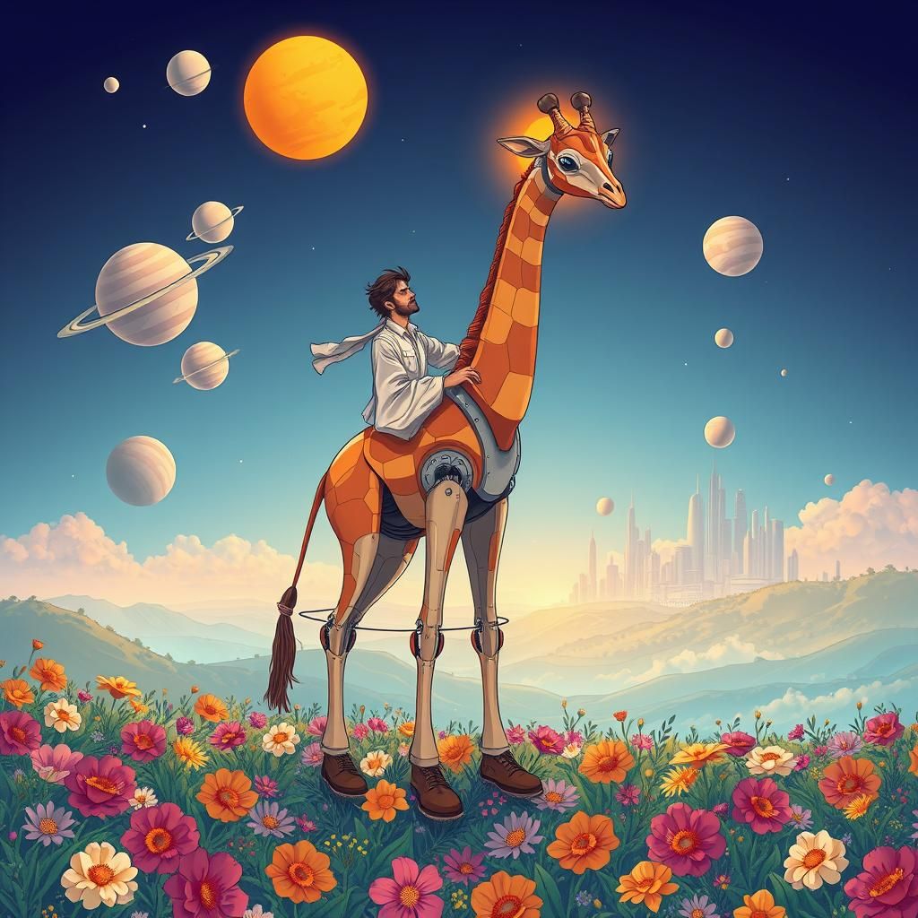 Whimsical Artist Guides Robot-Giraffe in Celestial Wonderlan...