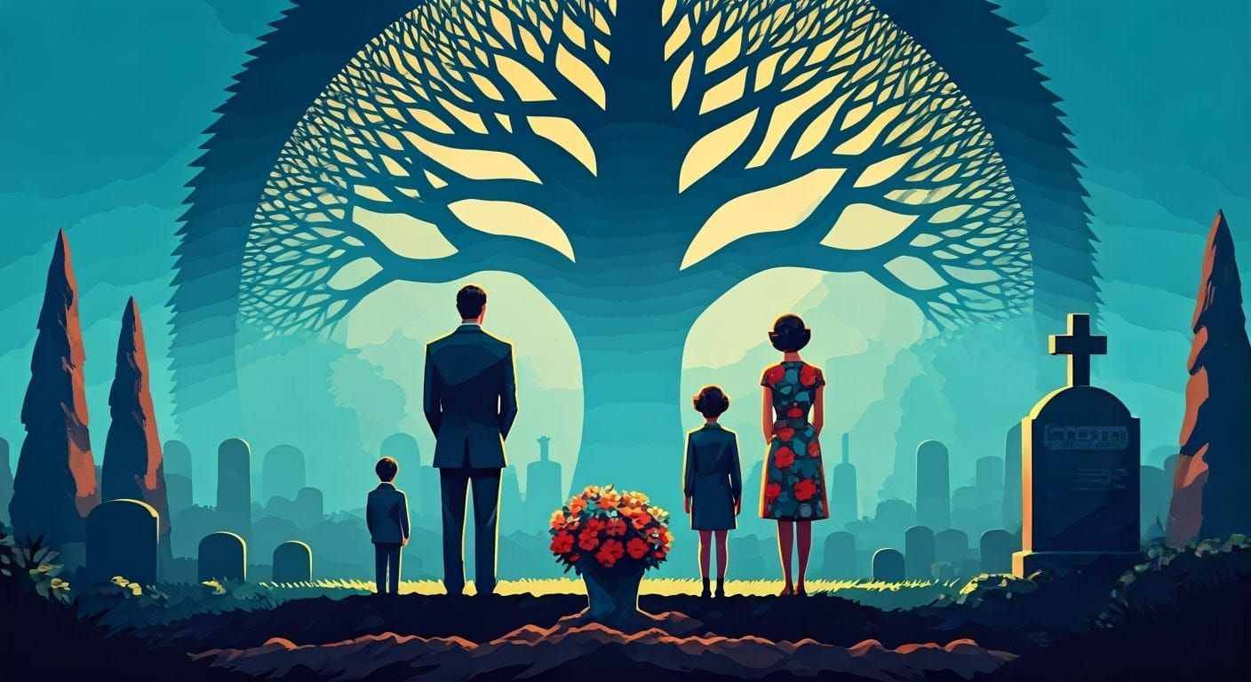 Family Mourns at Grave in Pop Art Style