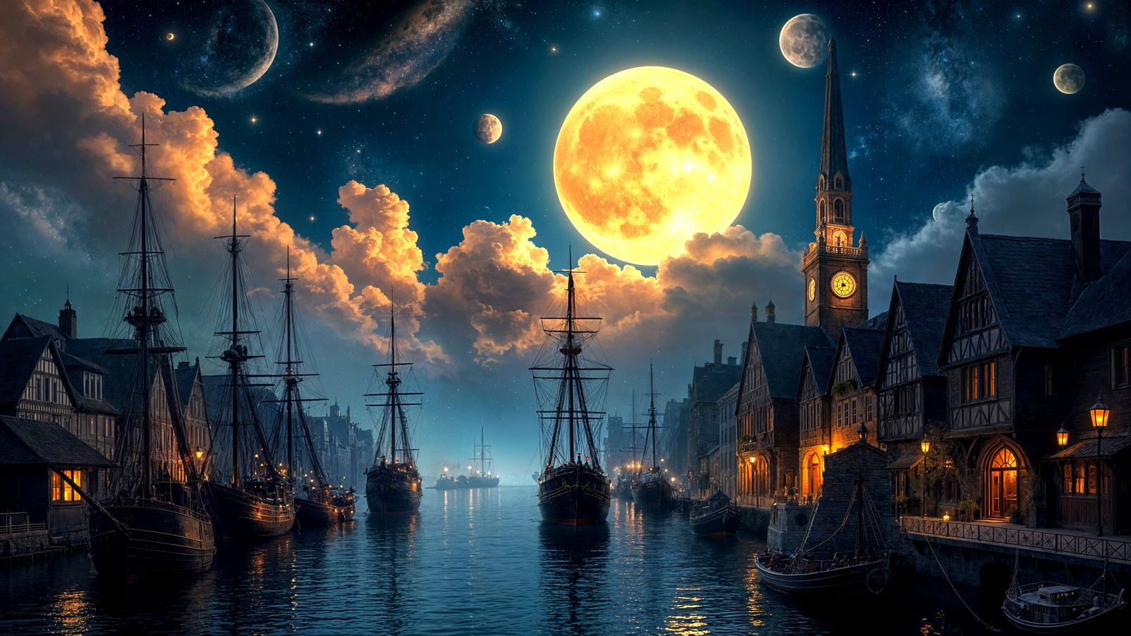 Dreamy Night Harbor with Cosmic Sky
