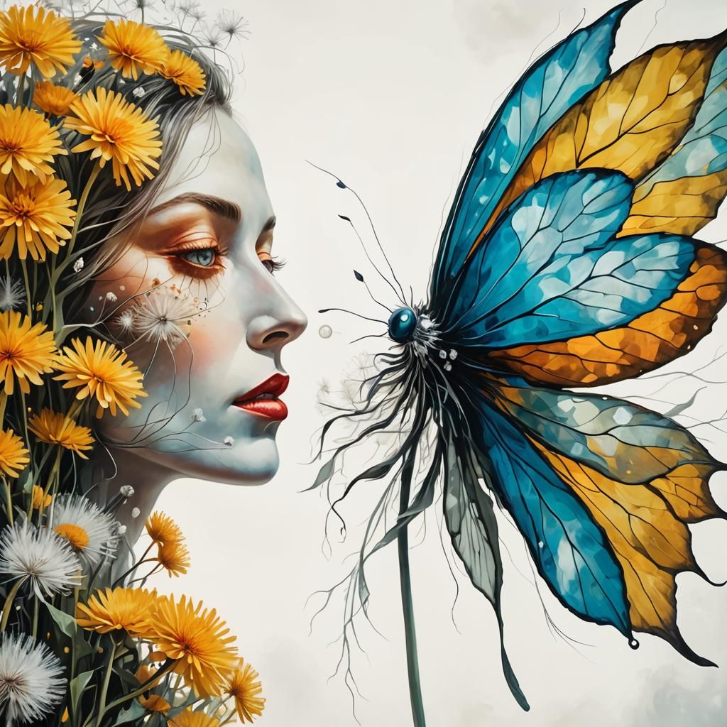 Ghostly Woman in Dandelion Dreamscape: Surreal Portrait