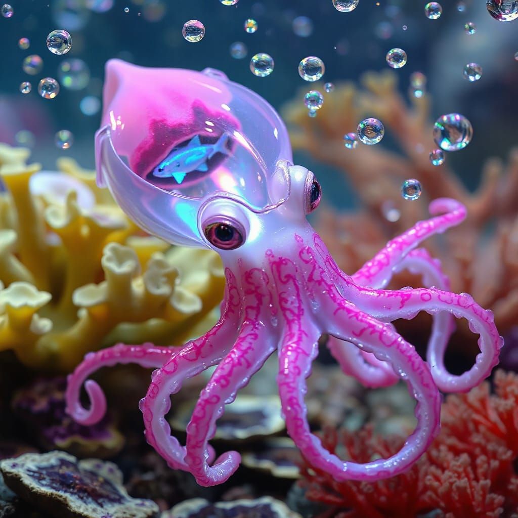 Surreal Squid with Neon Tentacles in Dreamlike Gallery Ocean