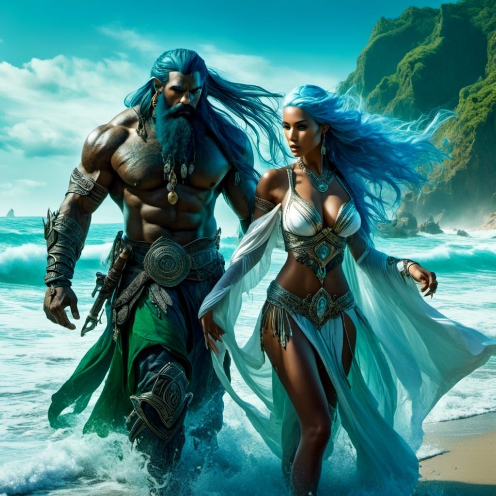Elf Sorceress and Orc Warrior on a Beach