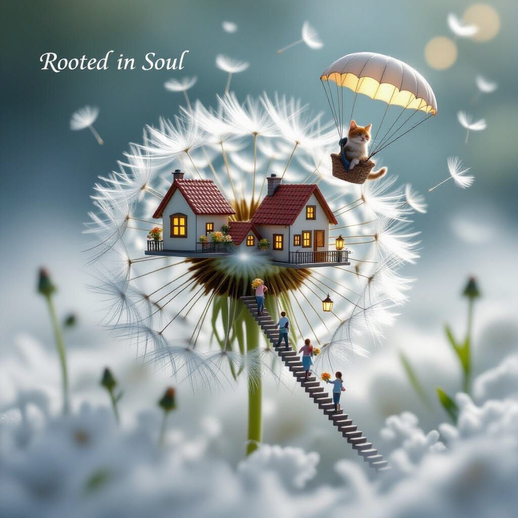 Magical Dandelion Village with Cat Parachutist