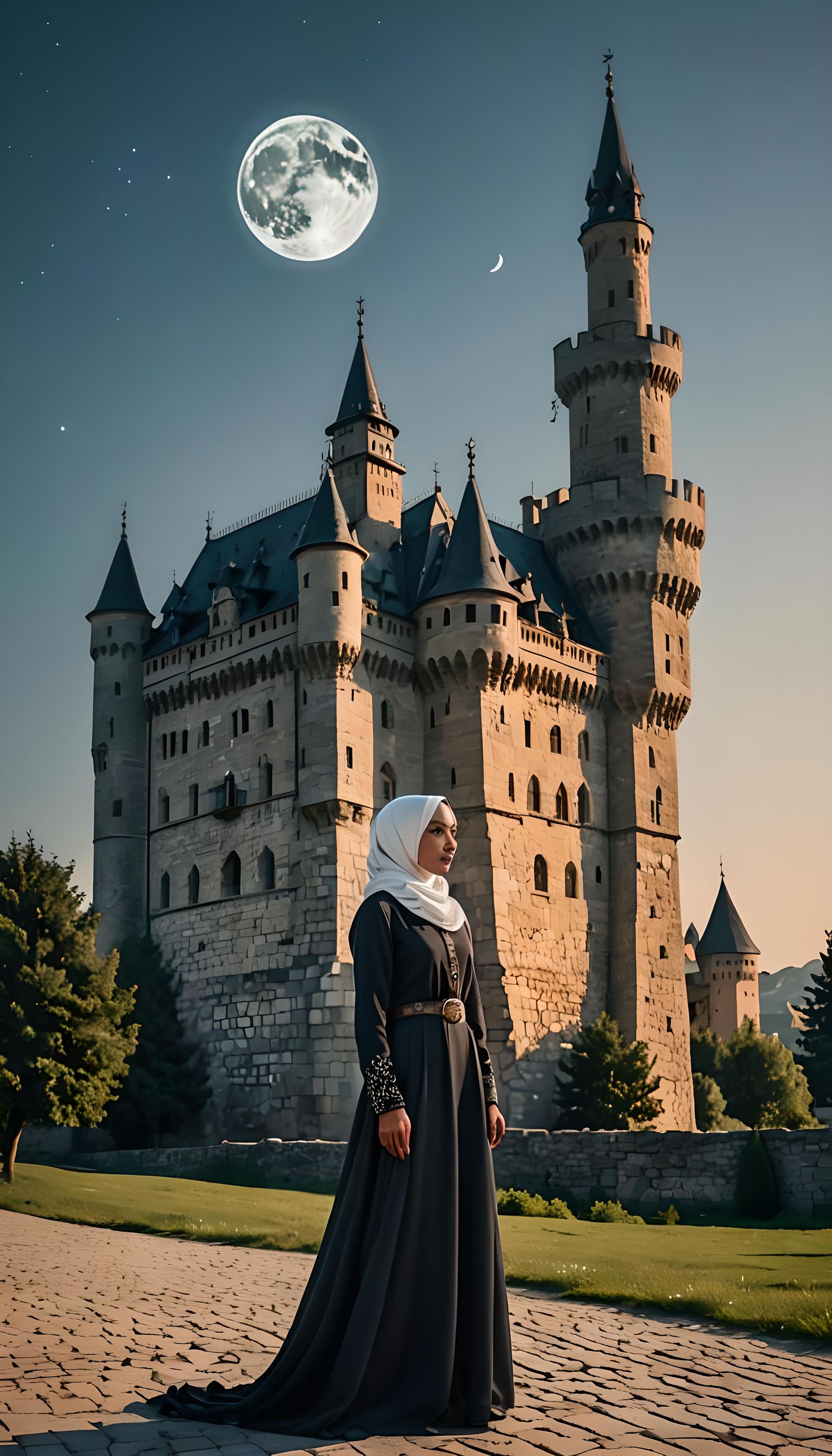 Muslim Woman in Hijab Before Magnificent Castle