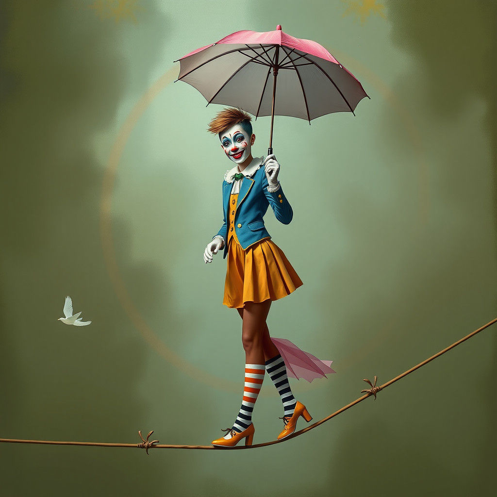 Young Clown Balances on Tightrope in Art Nouveau Style