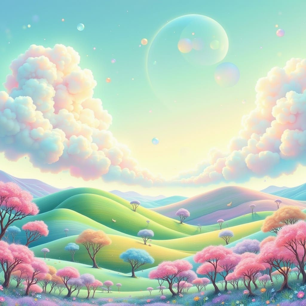Dreamy Pastel Rainbow Landscape with Whimsical Fae