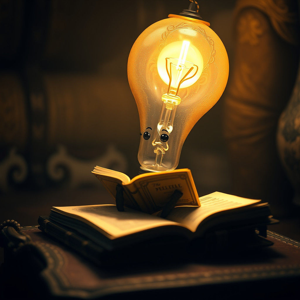 Enchanting Lightbulb Reads a Book in Surreal Setting