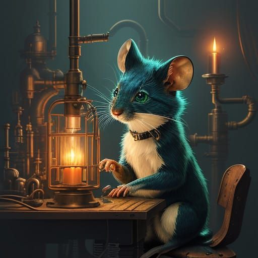 Steam-Powered Field Mouse Tinkers with Clockwork Components