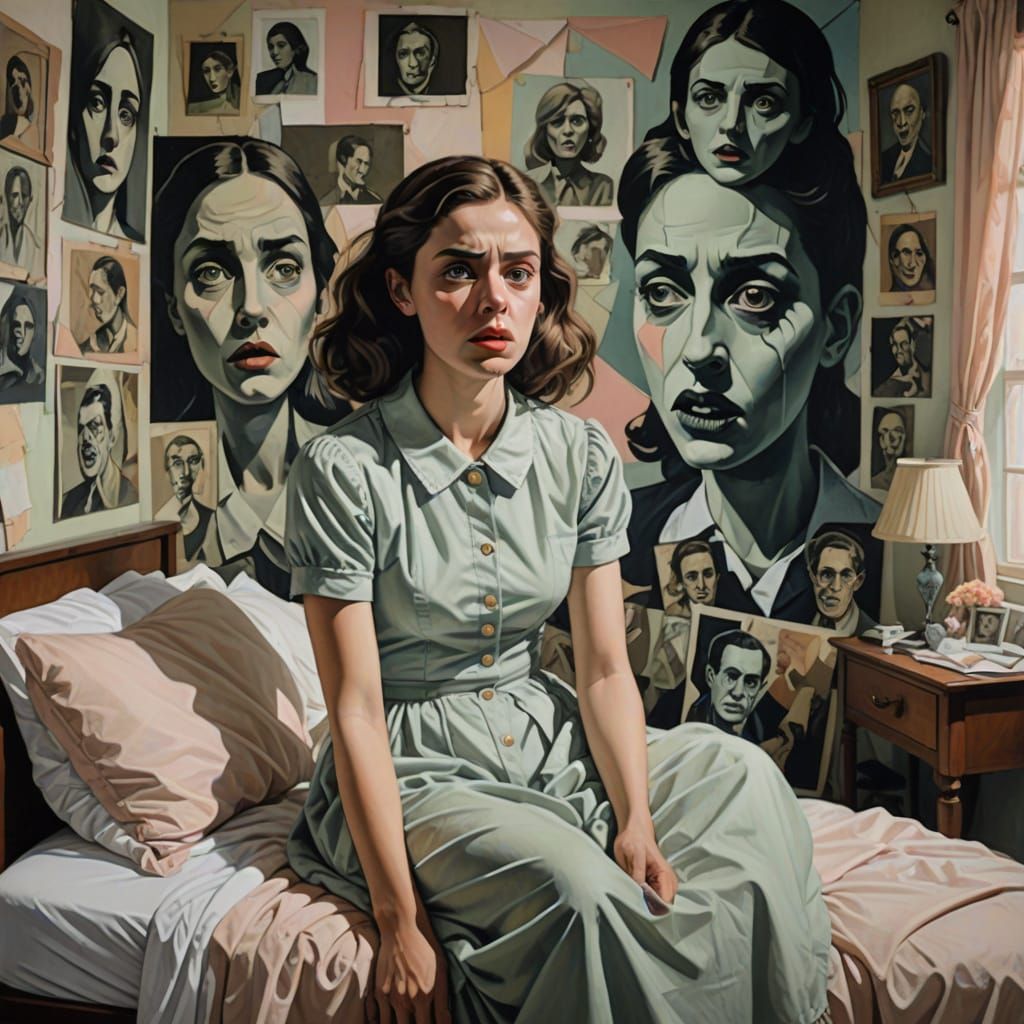 Dadaism Nightmare: Girl Amidst Terrifying Faces