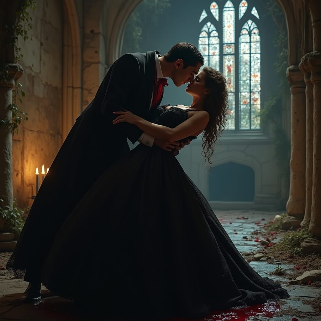 Darkly Romantic Vampire Scene in Gothic Cathedral